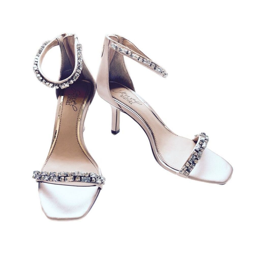 New Jewel Badgley Mischka champagne color ankle strap sandals with rhinestones